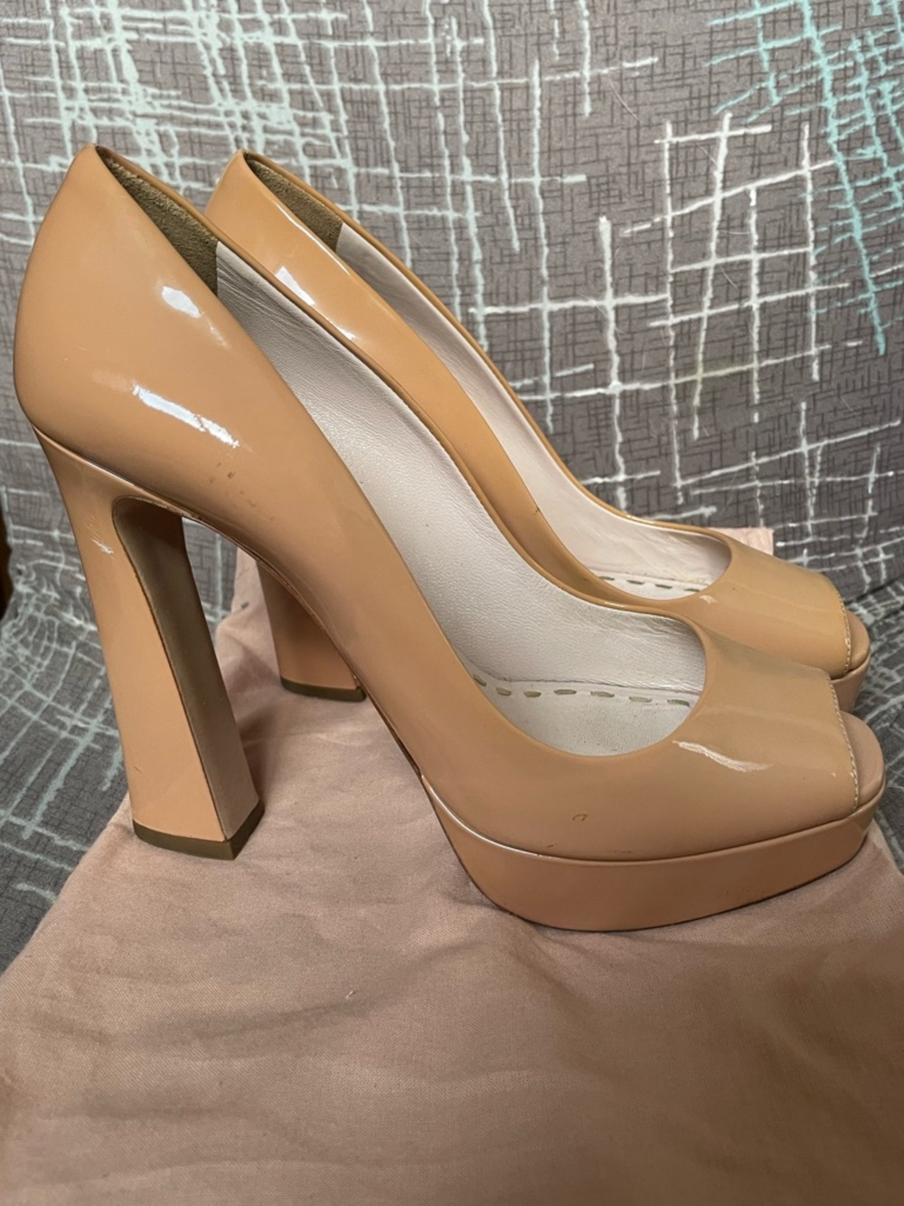 Miu Miu Nude Patent Peep-Toe Platform Pumps